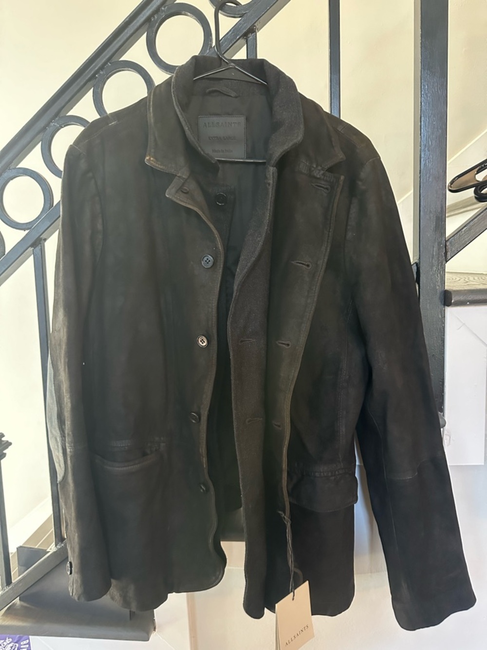 All Saints Men’s Deep Gray Suede Button-Front Jacket